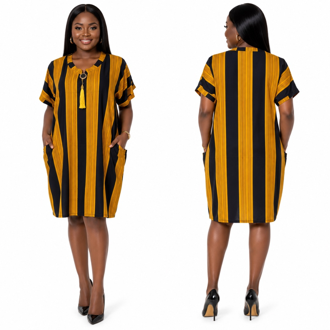 Yellow and Navy Vertical Striped Tunic Dress